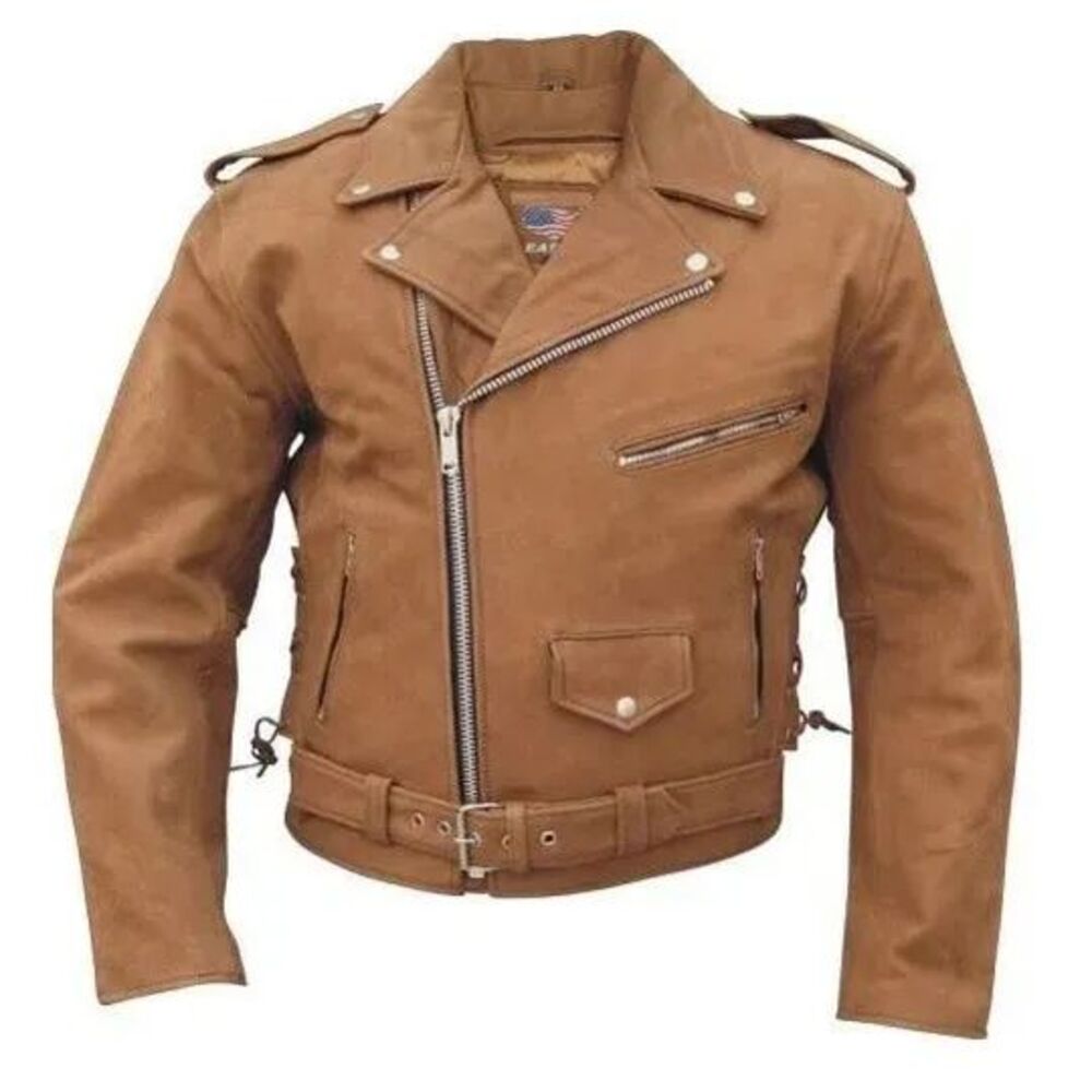 Genuine Cowhide Leather Motorcycle Jacket Light Brown Asymmetrical Zip Belted